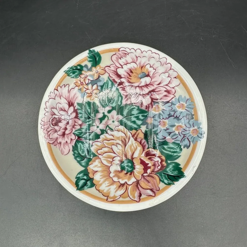 Vintage Soap Dish Floral Round Ceramic 1990s Flowers Bathroom Kitchen Decor - Picture 2 of 9